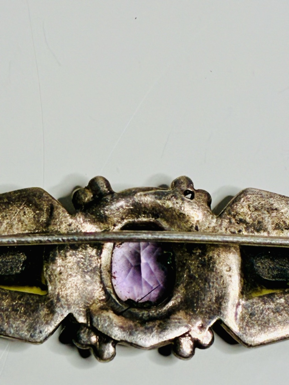 925 Victorian Inspo Art Deco VTG BL Onyx Inlayed Amethyst Marcasite Bar Brooch - Picture 6 of 13